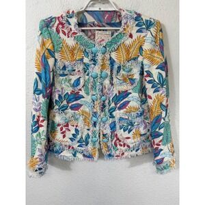 Maison Common Tropical Leaf Print Tweed Jacket Blue Turquoise Buttons Fringe 42